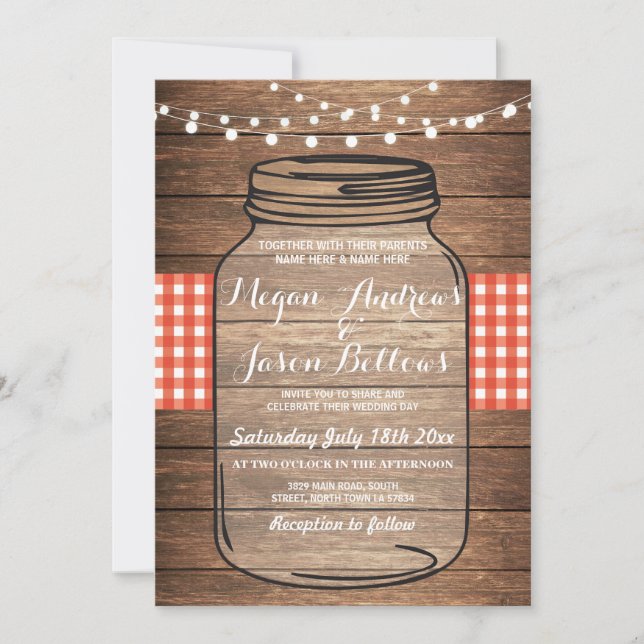 Casamento Jar Wood Rustic Red Gingham Convite (Frente)