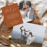 Casamento Laranja Queimado Obrigado Cartão Fotográ<br><div class="desc">Casamento de Orçamento Obrigado Cartões que têm uma foto na frente e atrás. Os cartões de agradecimento contêm uma tipografia cursiva moderna,  escrita com letra de mão,  que é elegante,  simples e moderna para usar após a celebração do dia do casamento.</div>