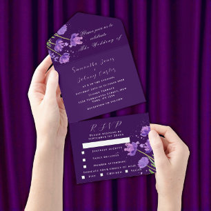Casamento Lilático Floral Púrpura De Aquarela Eleg