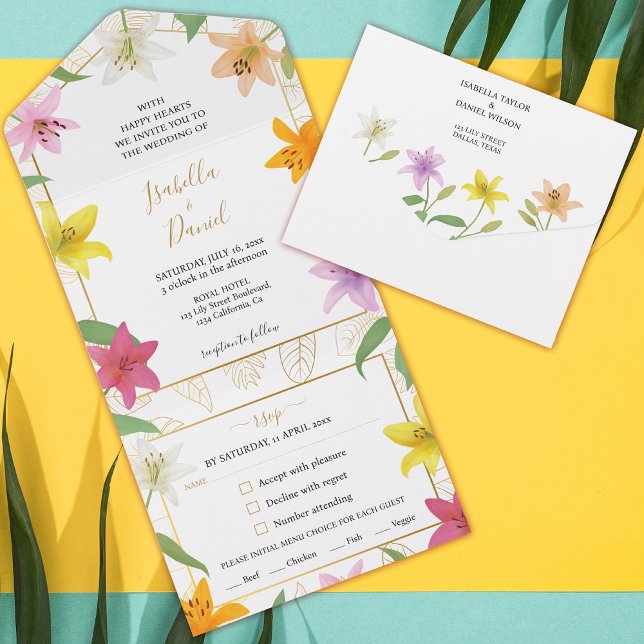 Casamento Lily Tropical Branca e Dourada (White and Gold Tropical Lily Wedding All In One Invitation)