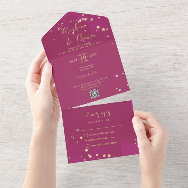 Casamento magenta e Dourado com RSVP de Código QR (Aba destacável)