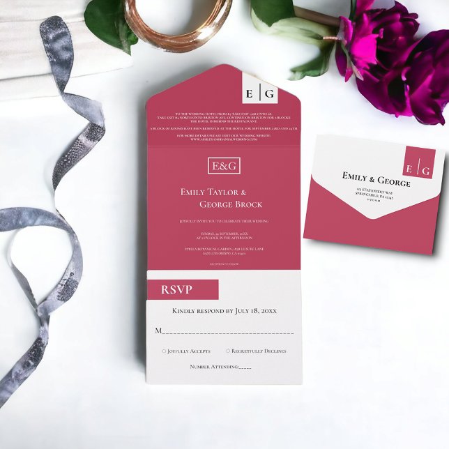 Casamento Magenta Monograma de Script Moderno Eleg (Criador carregado)