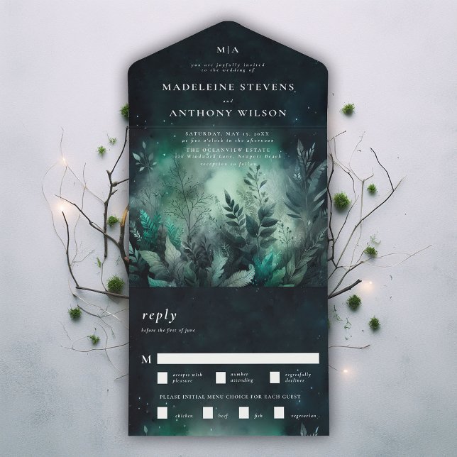 Casamento Mágico de Emerald Fairytale, Jardim Enca (enchanted garden magical fairytale fairy greenery all in one trifold wedding invitation modern class)