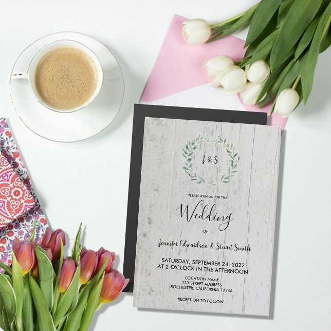 Casamento magnético de folhas russas (Rustic leaves on barn wood monogrammed magnetic wedding invitation.)