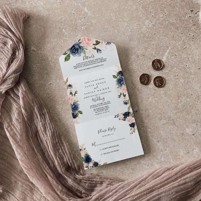 Casamento Marinho Floral Dourado Azul-Cor-de-Rosa- (Criador carregado)