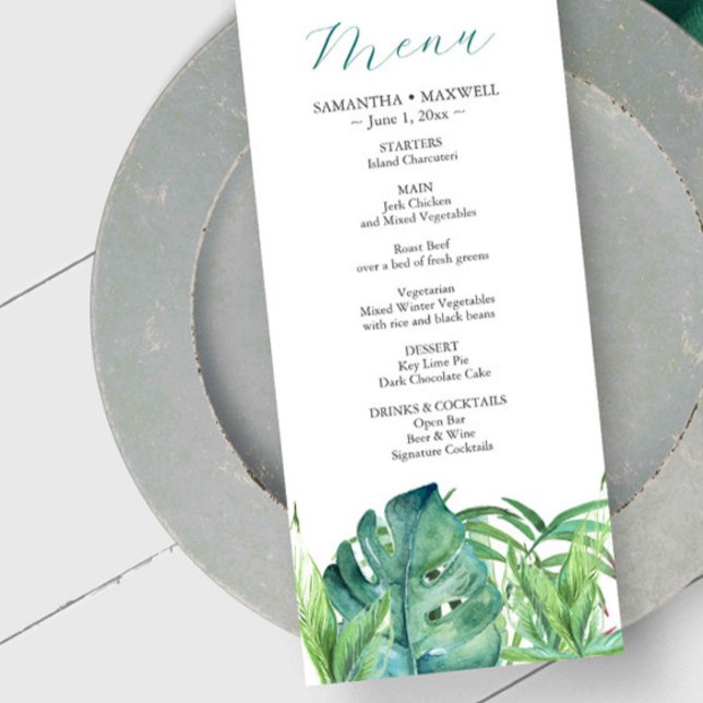 Casamento Menus Destino Tropical Folhas de Palma (Wedding menus destination weddings tropical palm leaves watercolor art by Victoria Grigaliunas)