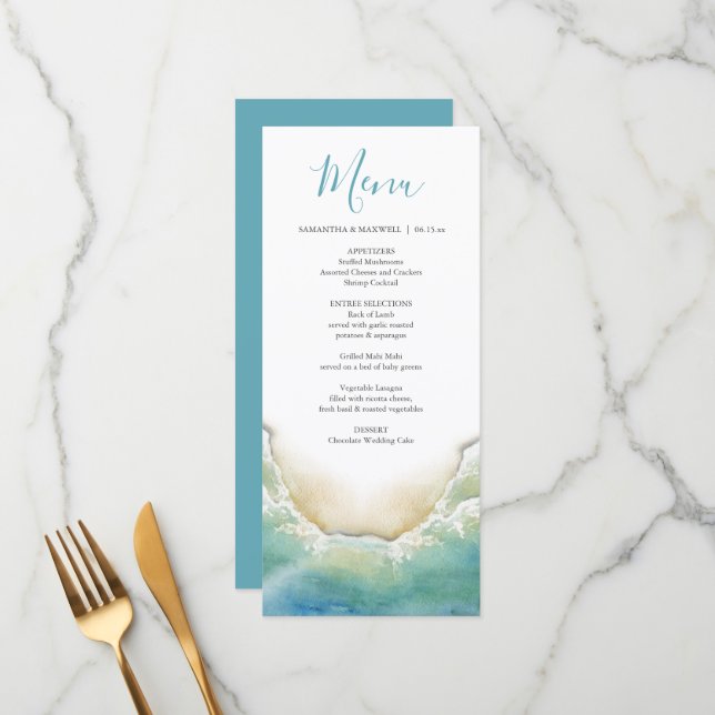 Casamento Menus Watercolor Beach Seashore (Frente/Verso In Situ)