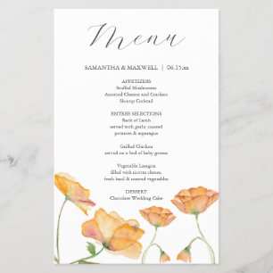 Casamento Menus Watercolor Flores Laranja
