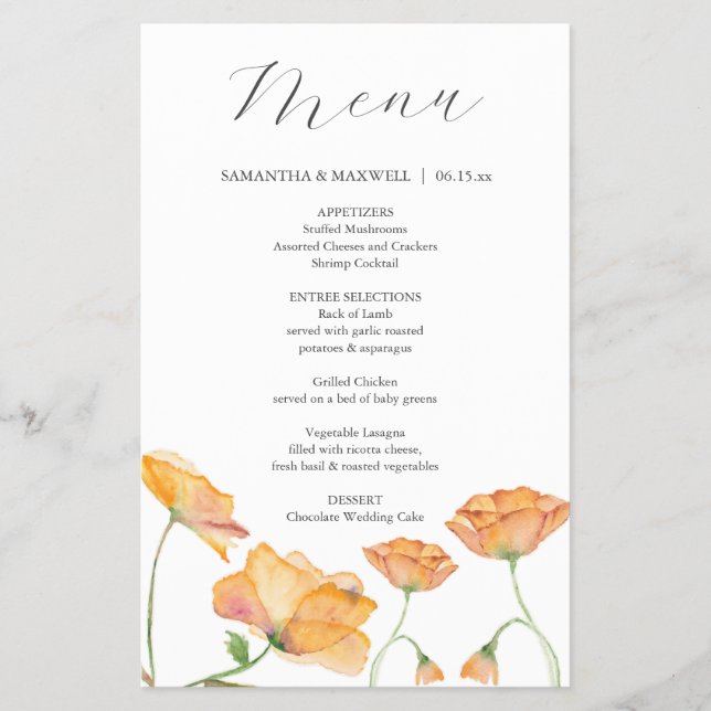 Casamento Menus Watercolor Flores Laranja (Frente)