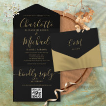 Casamento Minimalista Código QR Preto e Dourado