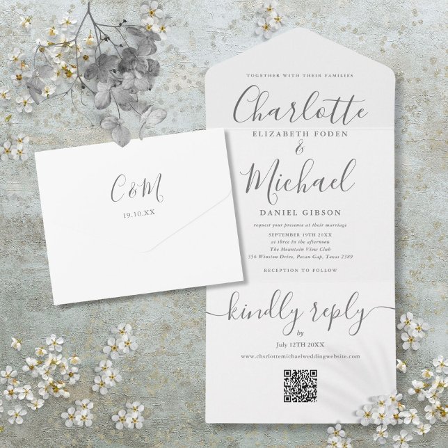 Casamento Minimalista com Código QR Cinza e Branco (Gray And White QR Code Script Minimalist Wedding All In One Invitation)