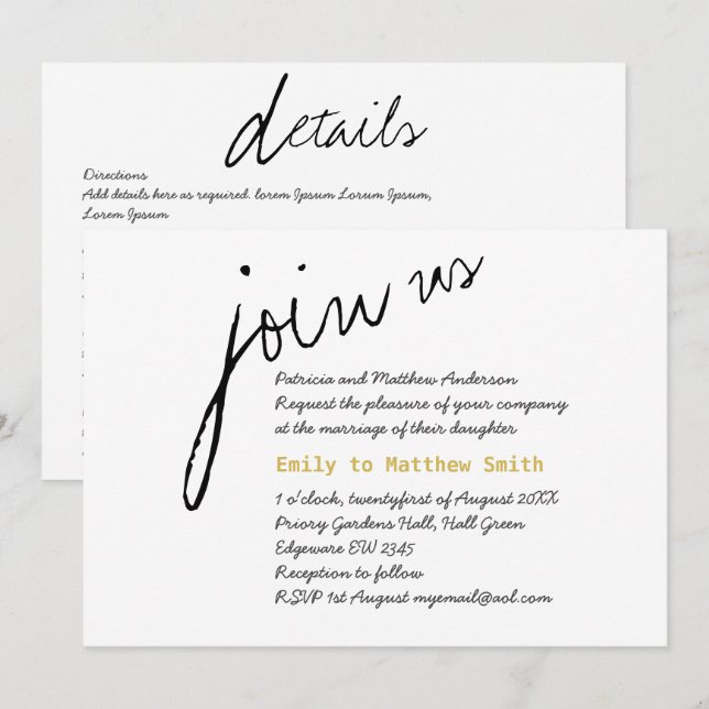 Casamento Minimalista Convites Escrita Moderna Bra (Frente/Verso)