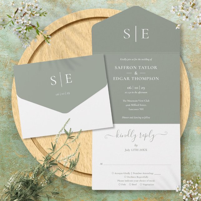 Casamento Minimalista Elegante Verde Sage Monogram (Monogram Elegant Sage Green Minimalist Wedding All In One Invitation)