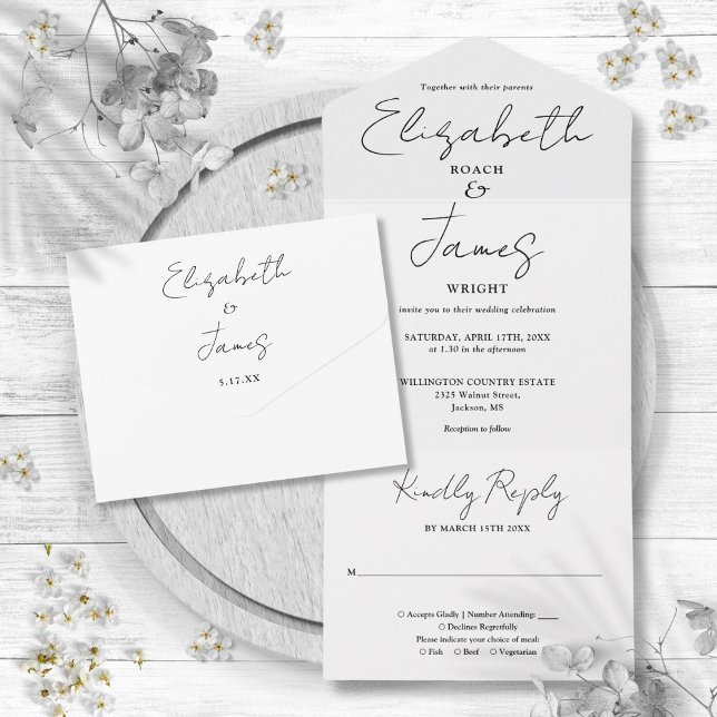 Casamento Minimalista em Preto e Branco com Letra  (Minimalist Elegant Script Black And White Wedding All In One Invitation)