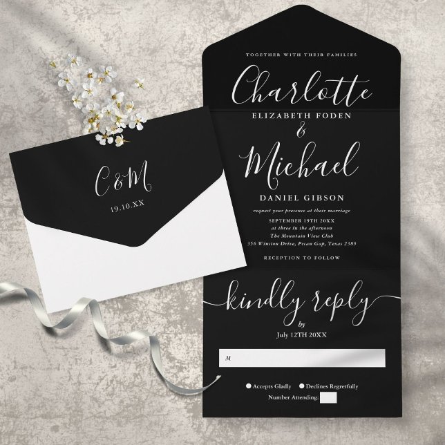 Casamento Minimalista Moderno Preto e Branco Scrip (Criador carregado)