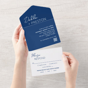 Casamento Moderno Azul Marinho com QR Code Minimal
