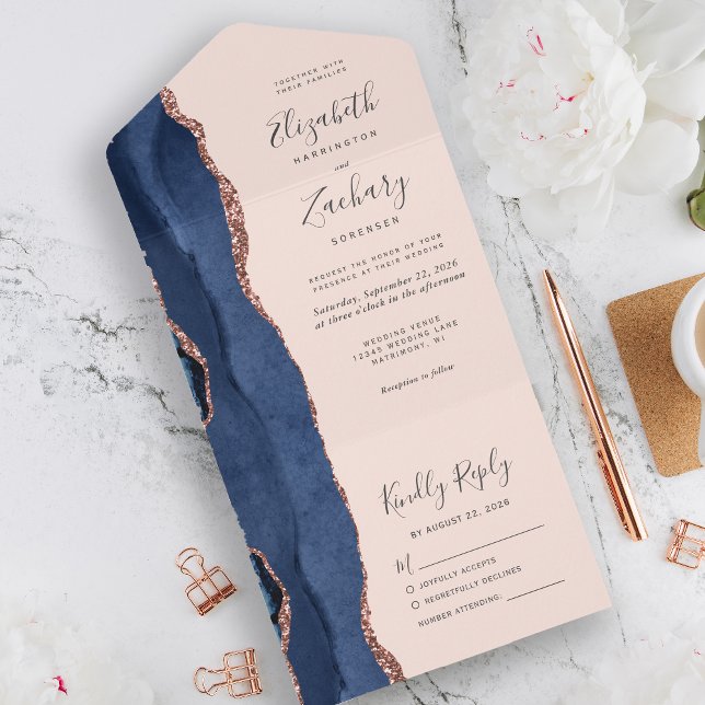 Casamento Moderno Azul Navy Rosa Dourado Ágata Beg (Criador carregado)