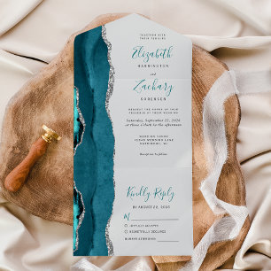 Casamento Moderno Azul Teal Cinza Ágata Prata