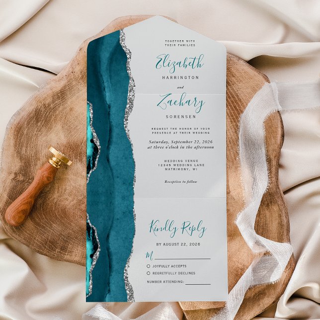 Casamento Moderno Azul Teal Cinza Ágata Prata (Criador carregado)