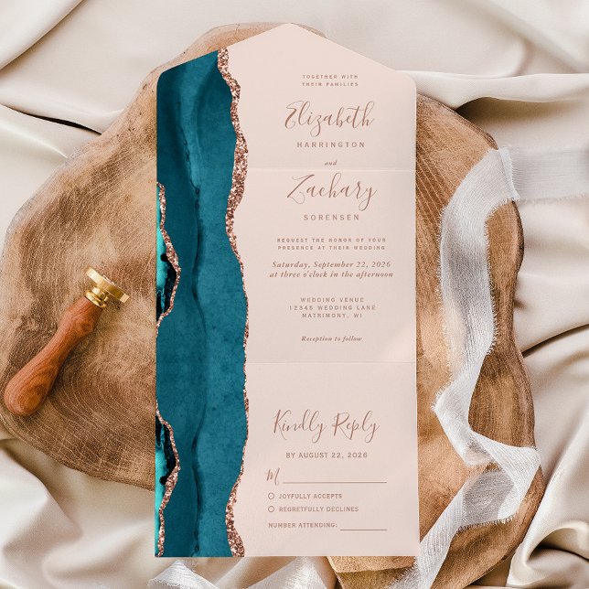 Casamento Moderno Azul Teal Dourado Rosa Ágata (Criador carregado)