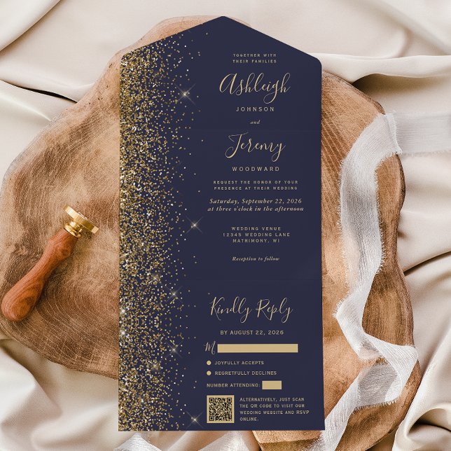 Casamento Moderno Código QR Brilho Azul Dourado (Criador carregado)