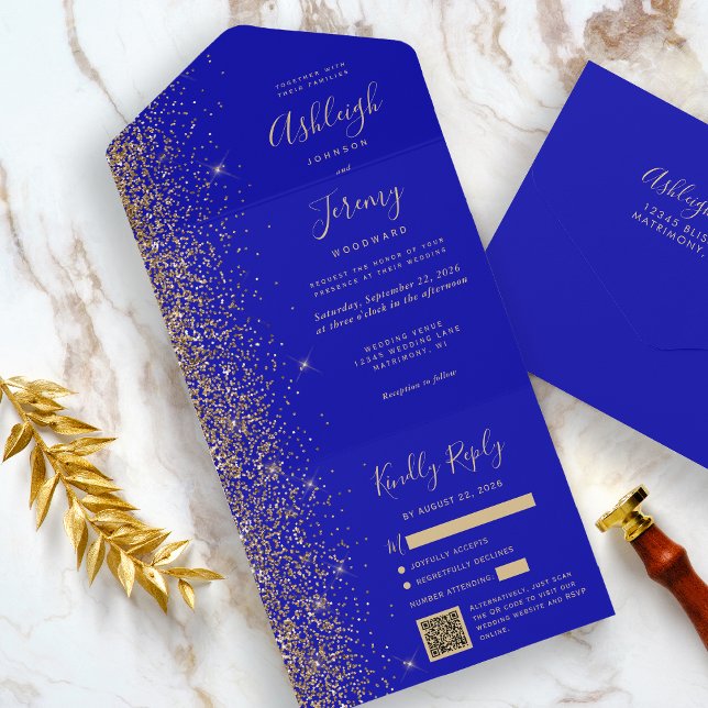 Casamento Moderno Código QR com Brilho Dourado Azu (The perfect choice for a royal blue and gold themed wedding.)