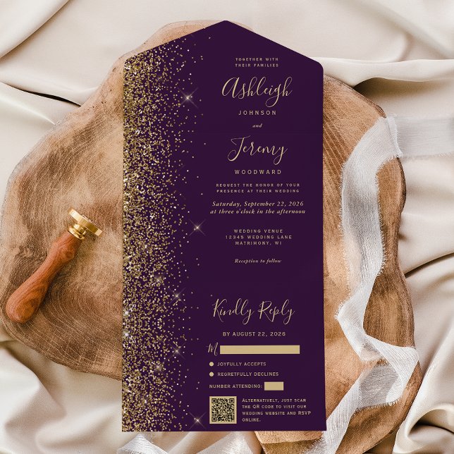 Casamento Moderno Código QR Glitter Dourado Roxo (Criador carregado)