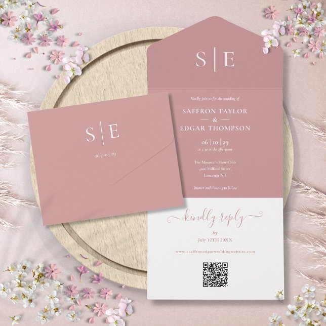 Casamento Moderno Código QR Monograma Rosa Poento (Modern QR Code Monogram Dusty Rose Wedding All In One Invitation)