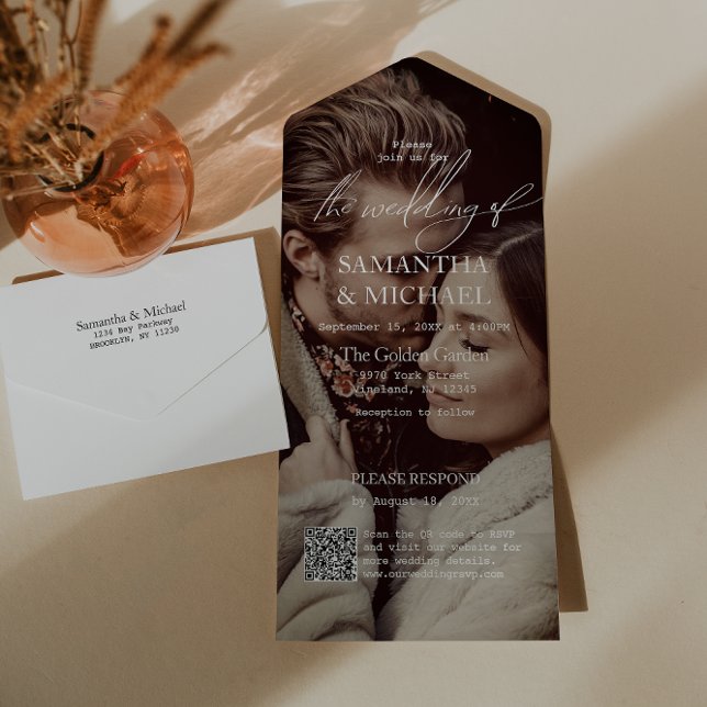 Casamento Moderno com a Foto RSVP de Código QR (All-in-one wedding invitation with QR code to RSVP - Simplify and save time for you and your guests.)