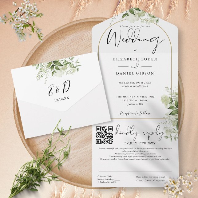 Casamento Moderno com Arco Dourado Código QR e Ver (Modern Gold Arch QR Code Greenery Wedding All In One Invitation)