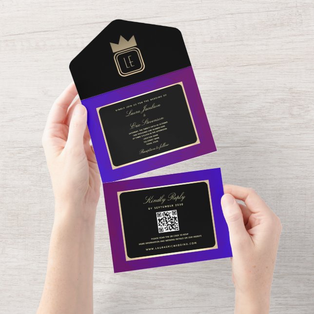 Casamento Moderno com Monograma Roxo e Dourado (Tearaway)