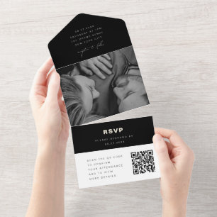 Casamento Moderno com QR Code RSVP Foto Preto e Br