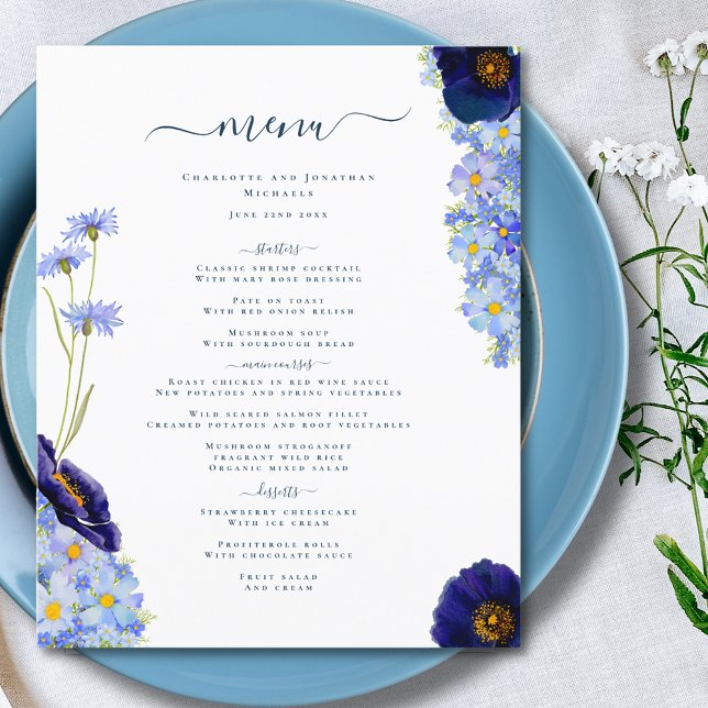 Casamento Moderno de Flores Selvagens (Elegant wildflower summer floral blue wedding menu with modern typography script)