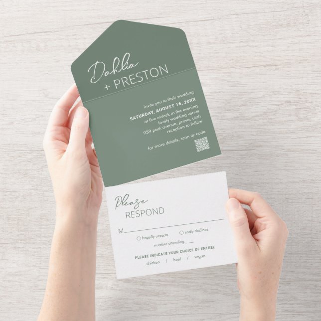 Casamento Moderno do Código QR Verde de Sage Mínim (Aba destacável)