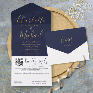 Casamento Moderno em Azul Marinho e Dourado com Có