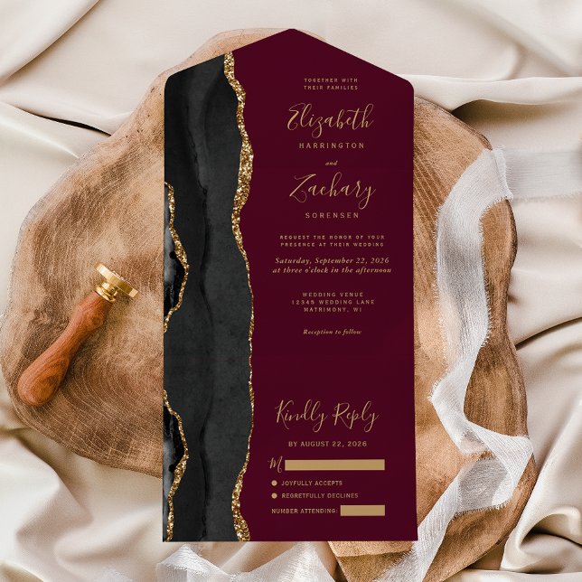 Casamento Moderno Preto Dourado Ágata Borgonha (Criador carregado)