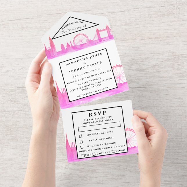 Casamento Moderno Rosa Aquarela RSVP Cidade de Lon (Aba destacável)