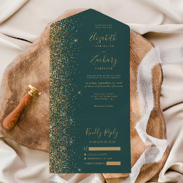 Casamento Moderno Verde Escuro Brilho Dourado