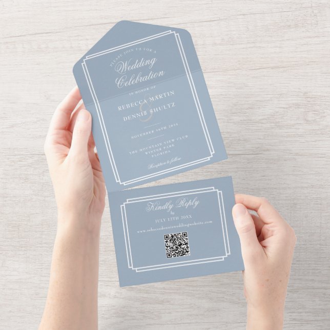Casamento Monograma Arte Deco Código QR Azul Empoe (Aba destacável)