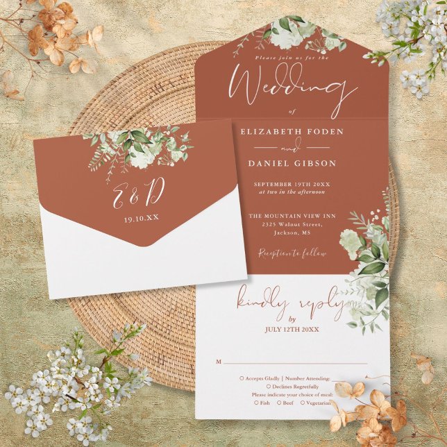 Casamento Monograma Botânico de Terracota (Terracotta Botanical Greenery Monogram Wedding All In One Invitation)