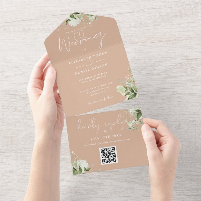 Casamento Monograma Código QR Floral Bege (Aba destacável)