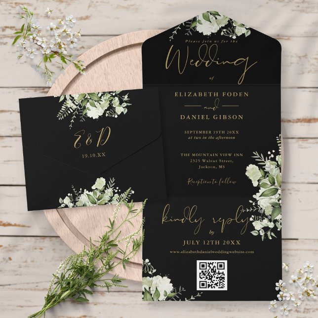 Casamento Monograma Código QR Folhagem Preto e Dou (Criador carregado)