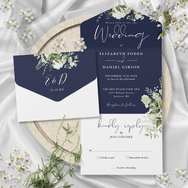 Casamento Monograma de Verde Botânico Azul Marinho (Navy Blue Botanical Greenery Monogram Wedding All In One Invitation)