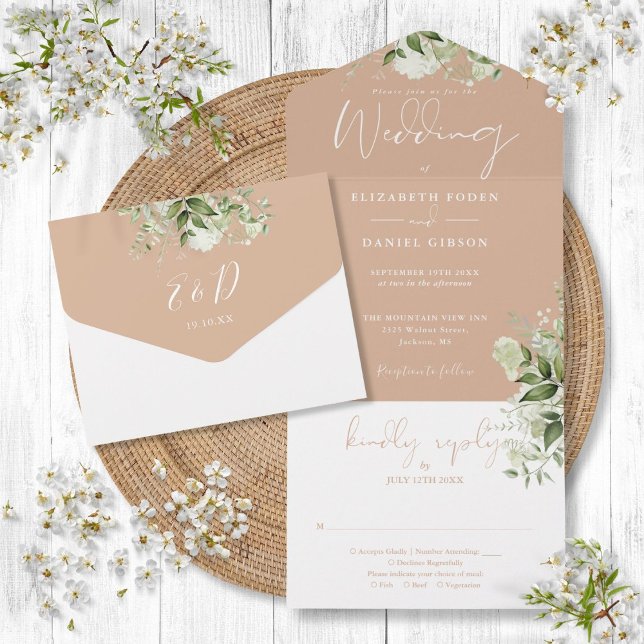 Casamento Monograma de Verde Botânico Tan  (Tan Botanical Greenery Monogram Wedding All In One Invitation)