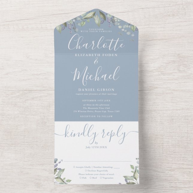 Casamento Monograma em Script Floral Azul Empoeira (Interno)