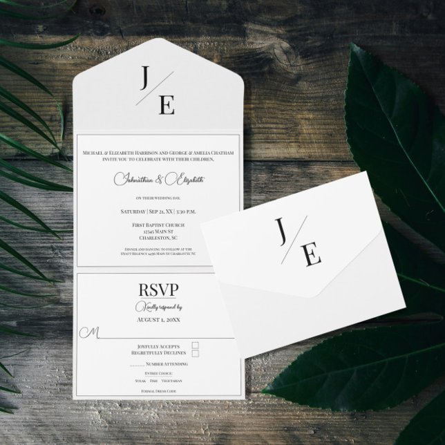 Casamento Monograma Minimalista | Branca (Minimalist Monogram Wedding All in One Invitation)