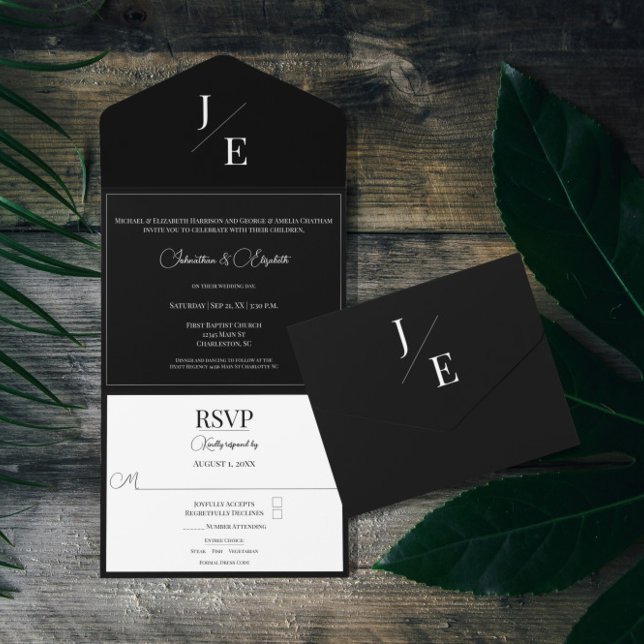 Casamento Monograma Minimalista | Preto (Minimalist Monogram Wedding Black All in One Invitation)