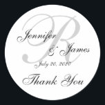 Casamento Monograma Obrigado Etiqueta<br><div class="desc">Cinza, Monograma Elegante Negro e Branco Obrigado Rótulos. Estas obrigados de casamento que vocês viciam são a maneira perfeita de personalizar seus favores de casamento. Modelo personalizado para "R" inicial. Adicione seus nomes de noiva e noivo e a data do casamento. Design de sobreposição de fontes de script elegante em...</div>