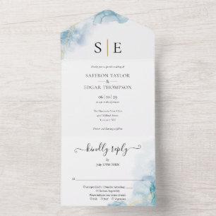 Casamento Monograma Preto Dourado Aquarela Azul