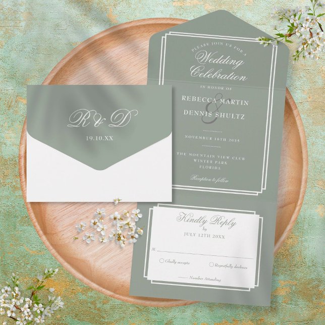 Casamento Monograma Verde Sage Deco Clássico (Criador carregado)